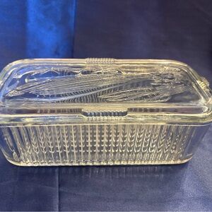 Federal Glass refrigerator dish with embossed vegetable lid.